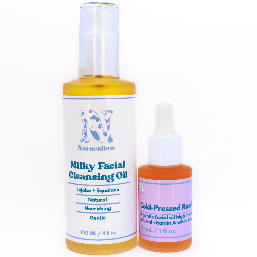 Two bottles of natural skincare products from the brand 'Naturallow' on a white background.