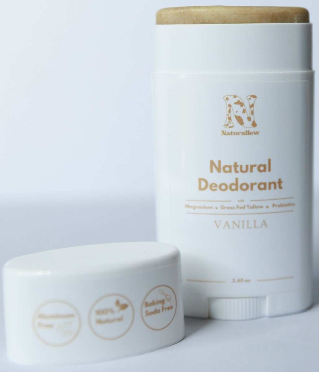 Naturallow's Vanilla Natural Deodorants standing against a white background with its cap off
