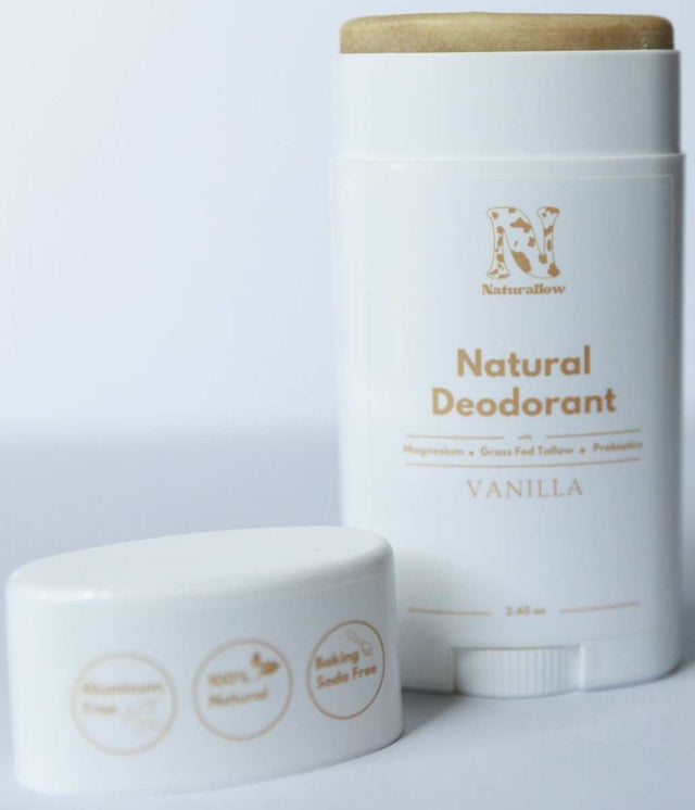 Naturallow's Vanilla Natural Deodorants standing against a white background with its cap off