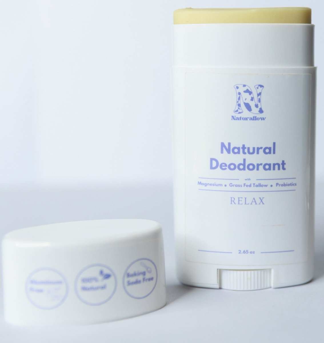 Naturallow's Relax Natural Deodorants standing against a white background with its cap off
