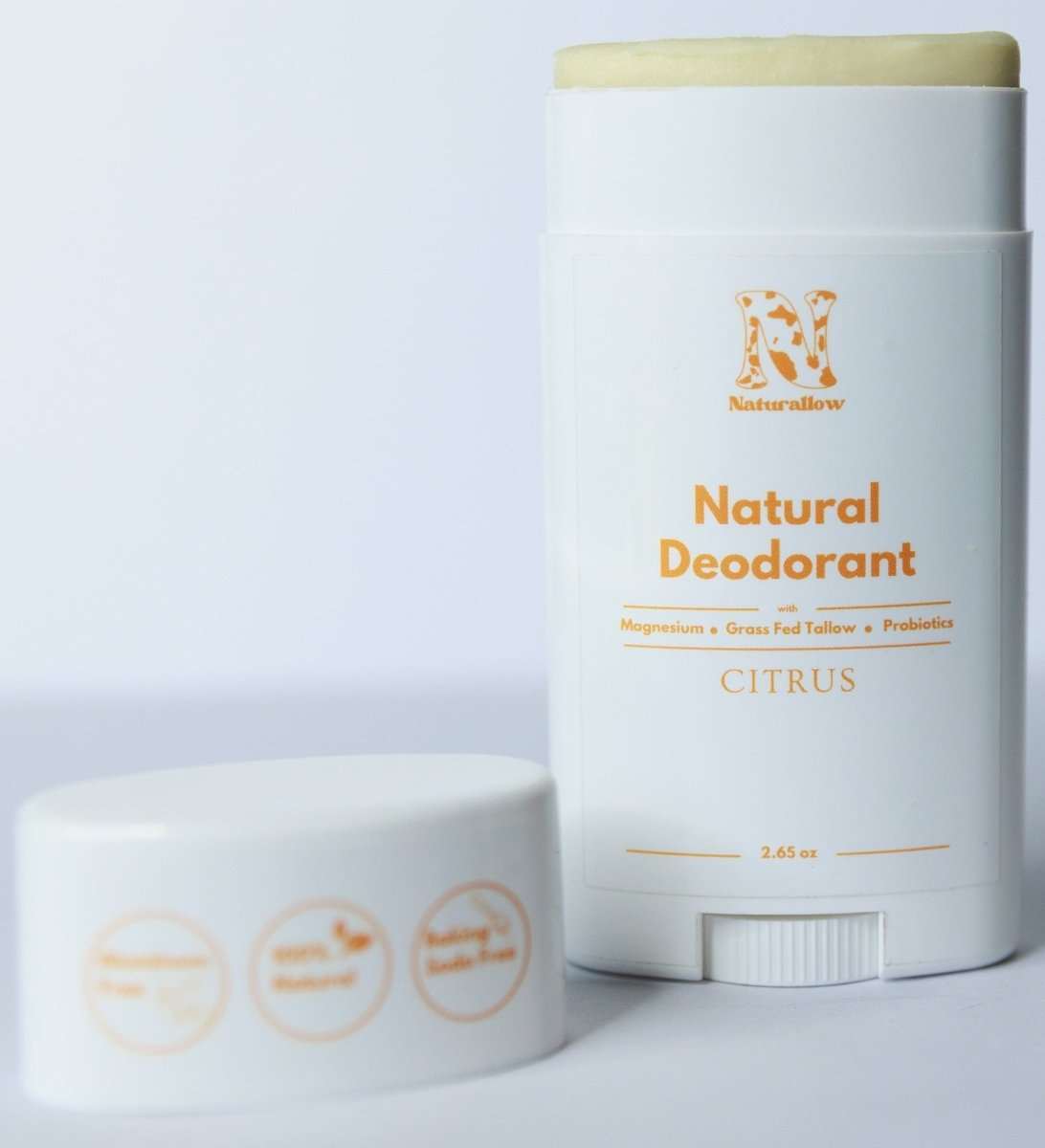 Naturallow's Citrus Natural Deodorants standing against a white background with its cap off