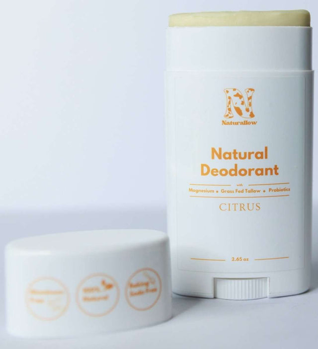 Naturallow's Citrus Natural Deodorants standing against a white background with its cap off