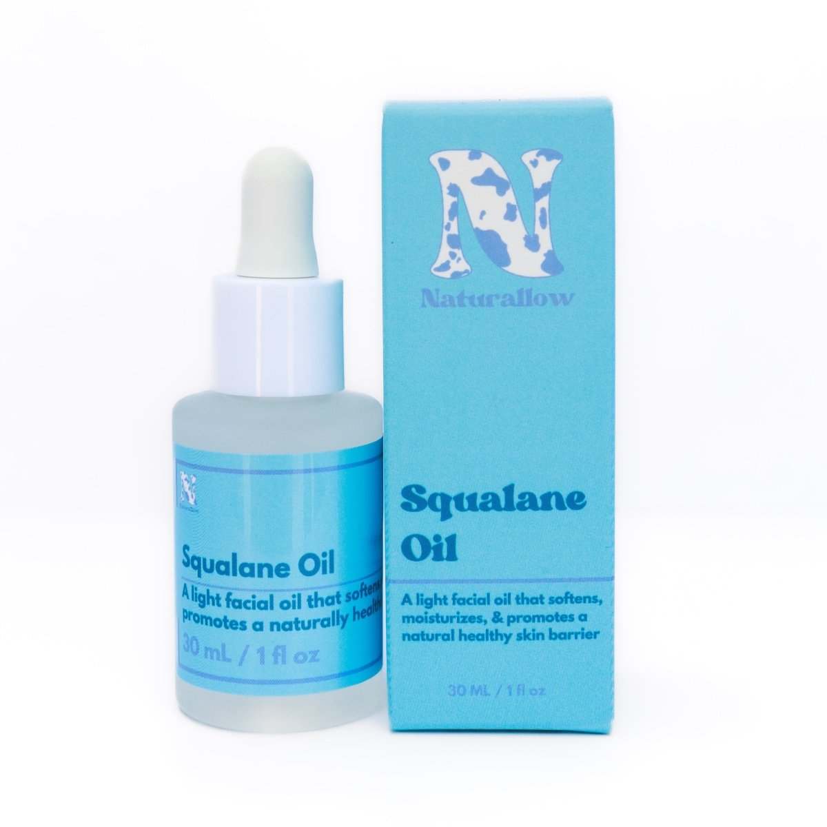 Naturallow's Organic Squalane Oil bottle and box sitting next to each other against a white background