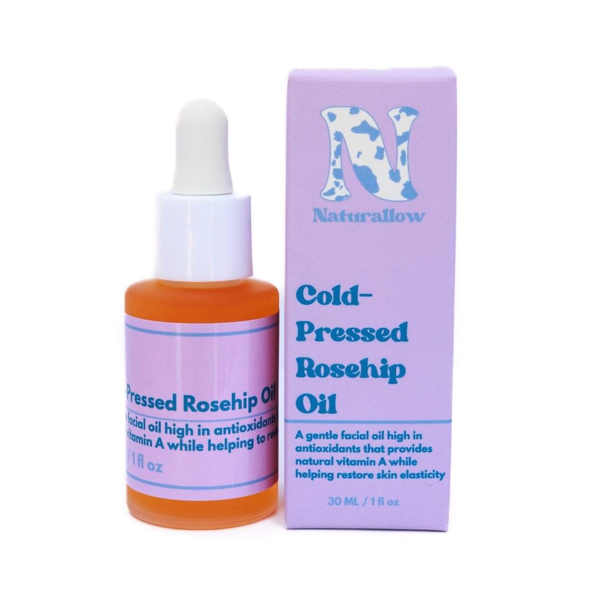 Naturallow's Organic Cold-Pressed Rosehip Oil bottle and box sitting next to each other against a white background