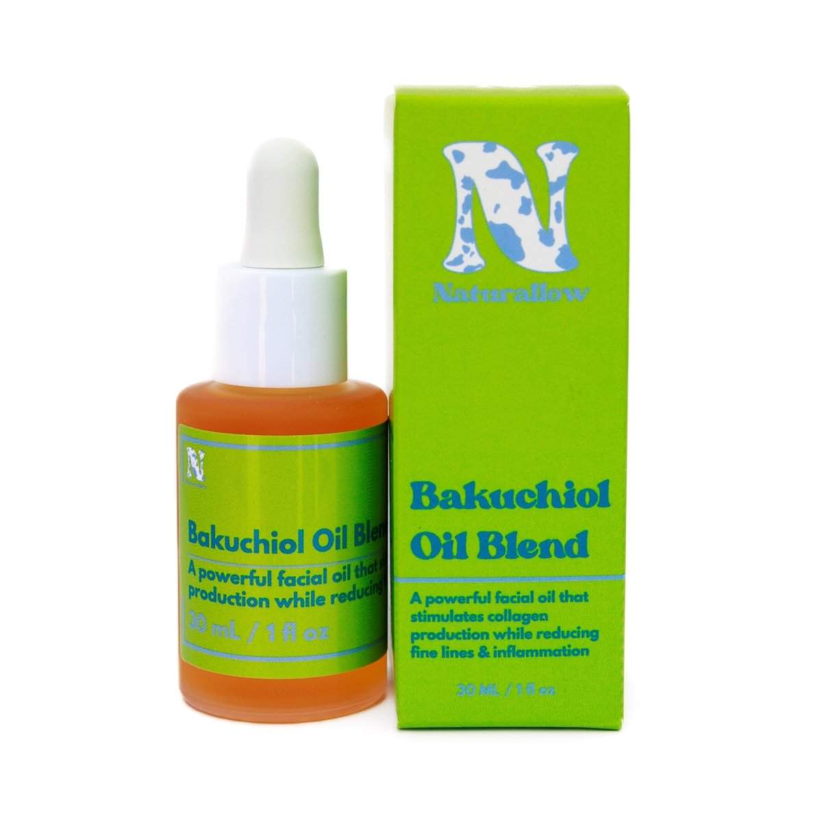 Naturallow's Bakuchiol Facial Oil Retinol Alternative Box and Bottle standing next to each other against a white background