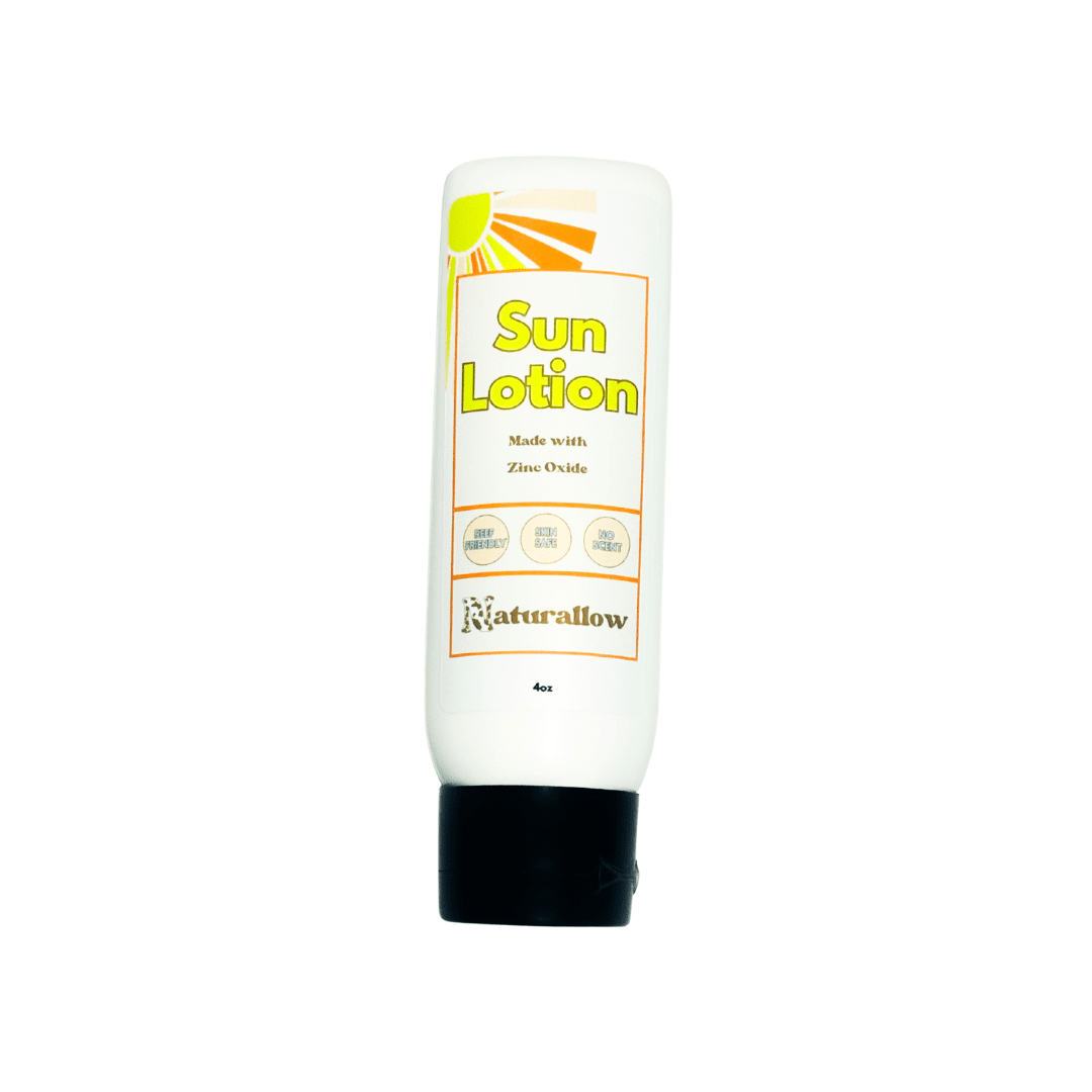 Naturallow's Non-Nano Zinc Oxide Sun Lotion bottle against a white background
