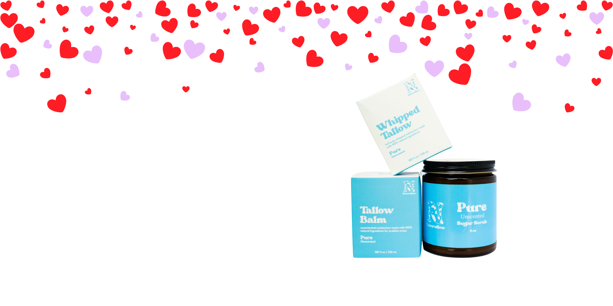 Two jars of balm with a box on a white background with heart shapes.
