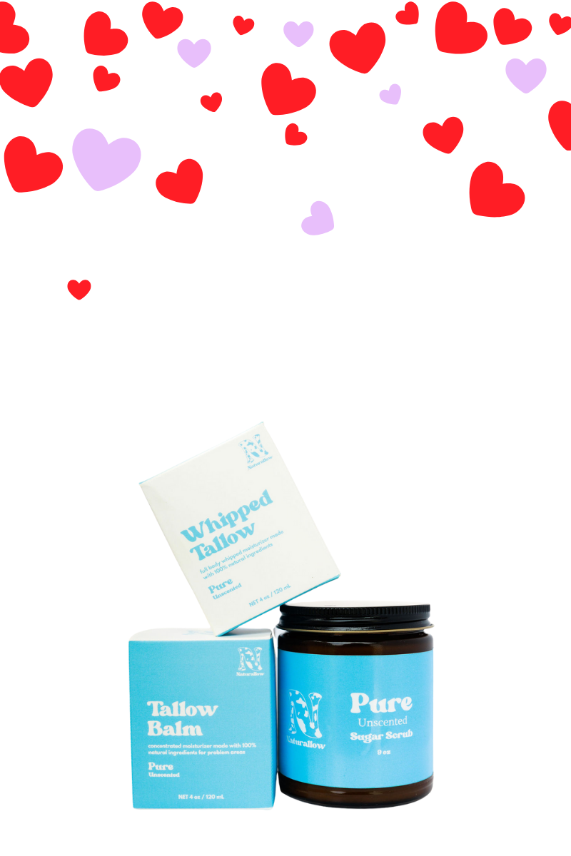Cosmetic products with 'Pure' branding on a white background with heart shapes.