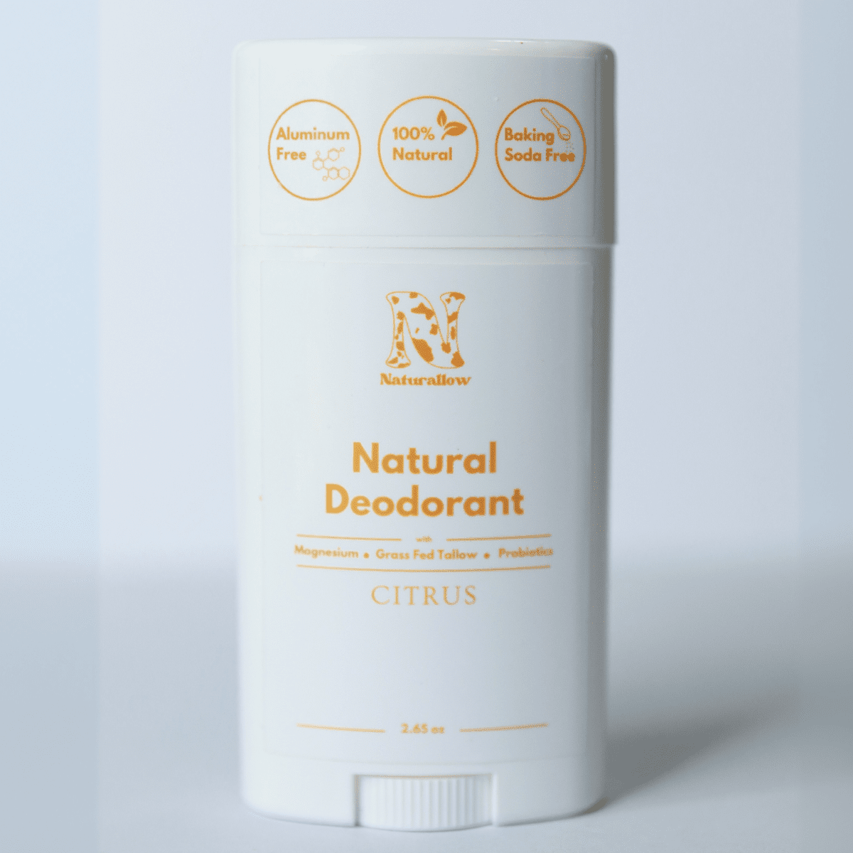 Naturallow's Citrus Natural Deodorant standing against a white background