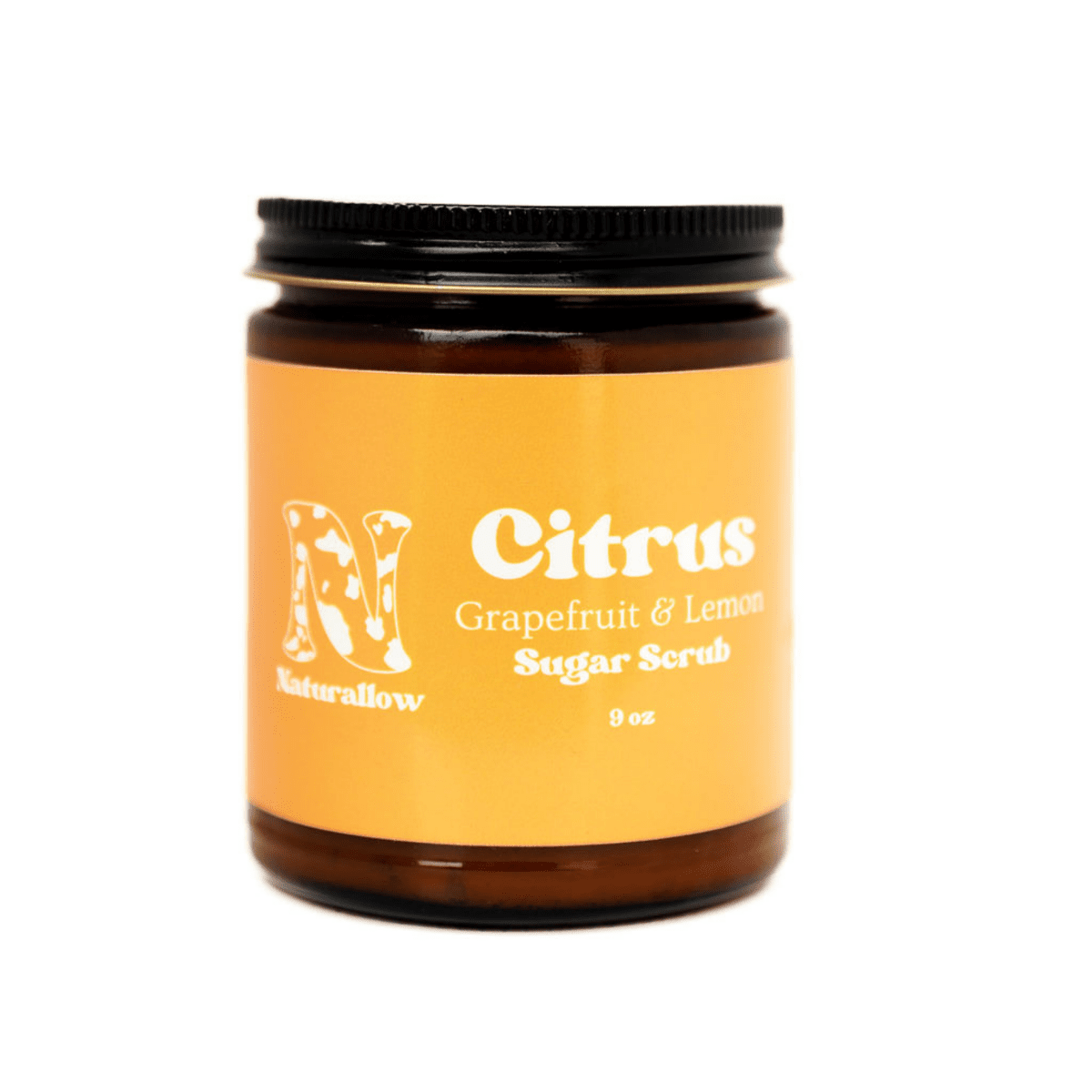 A Jar of Naturallow's Citrus Sugar Scrub against a white background