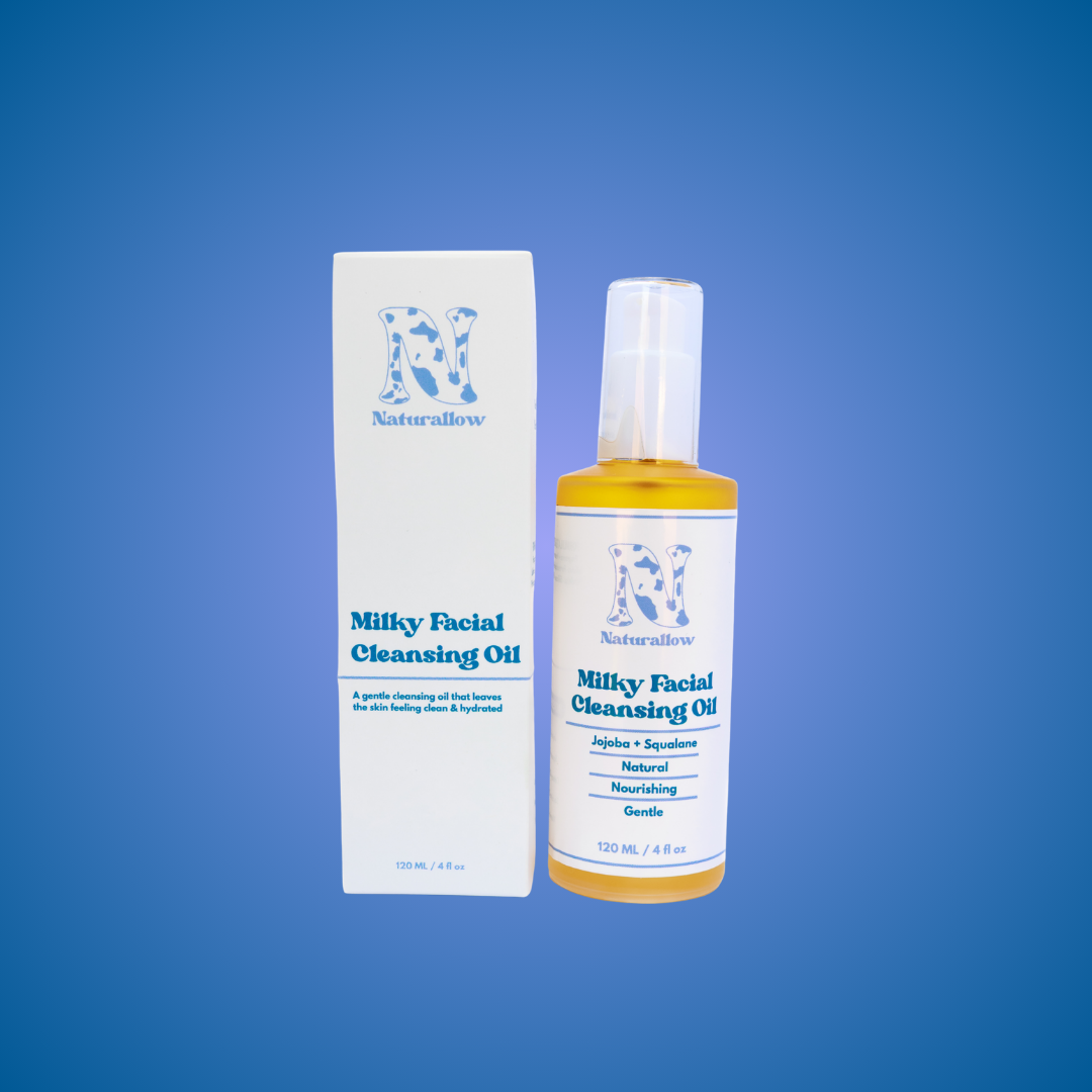 Cleansing oil bottle and packaging on a navy gradient background