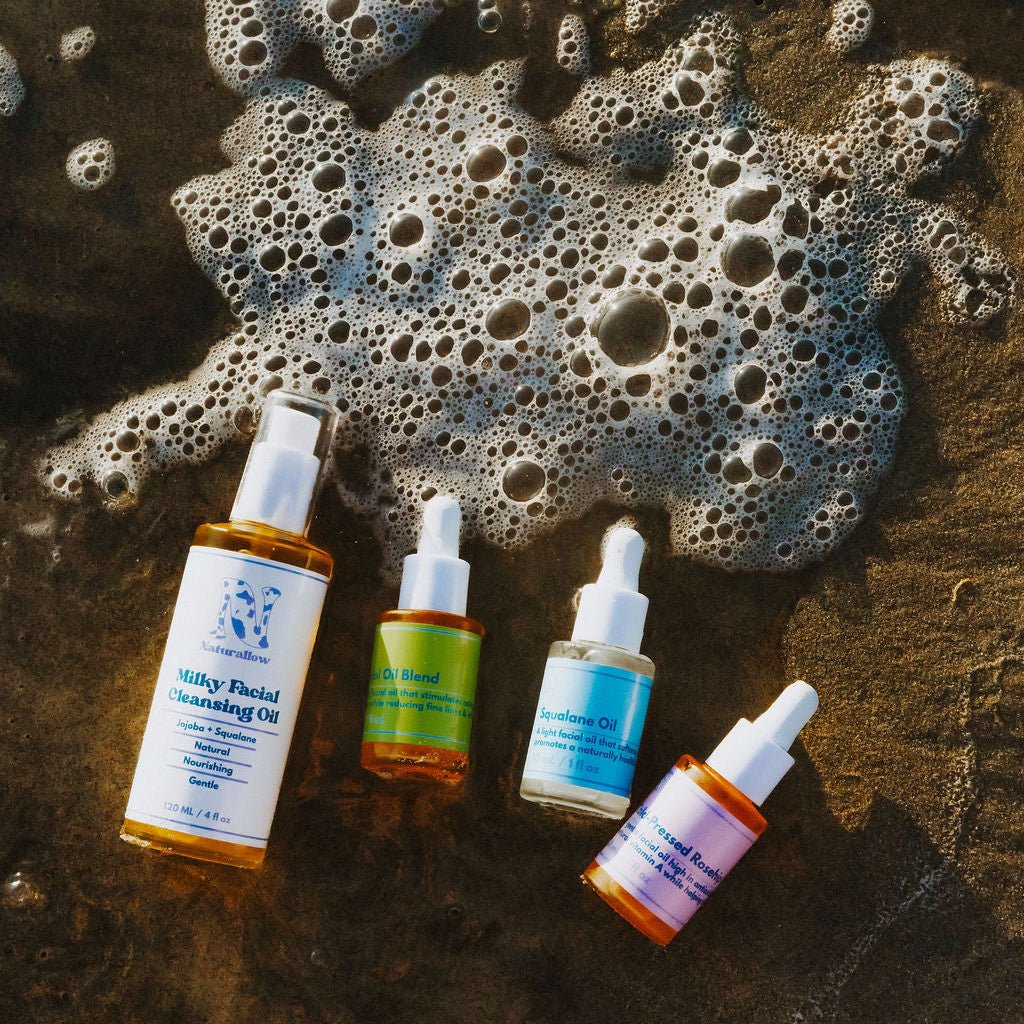 Skincare routine laying in the shallow beach tide