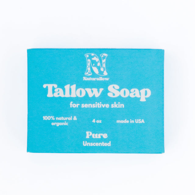 A rectangular blue soap bar package labeled 'Tallow Soap for sensitive skin' by Naturallow, shown on a plain white background.