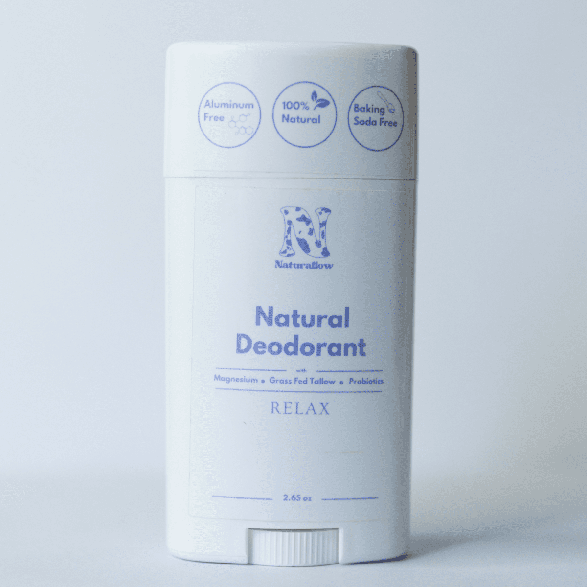 Naturallow's Relax Natural Deodorant standing against a white background