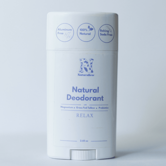 Naturallow's Relax Natural Deodorant standing against a white background