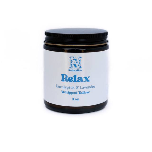 Naturallow's Relax Whipped Tallow Moisturizer Jar for dry skin on a white background