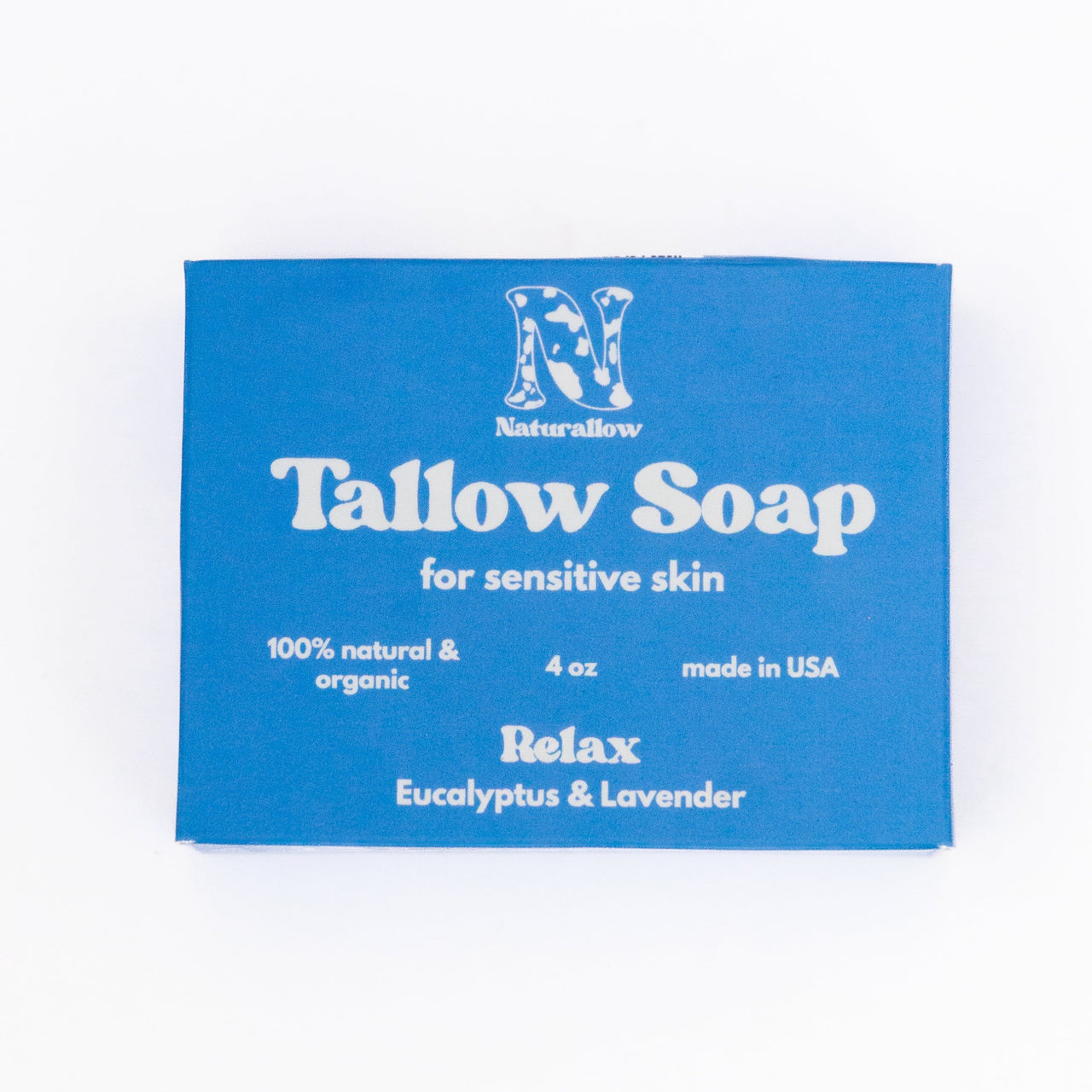 A purple rectangular box of Naturallow Tallow Soap, Relax Eucalyptus & Lavender, on a plain white background.