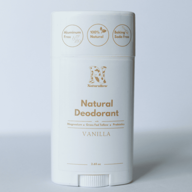 Naturallow's Vanilla Natural Deodorants standing against a white background