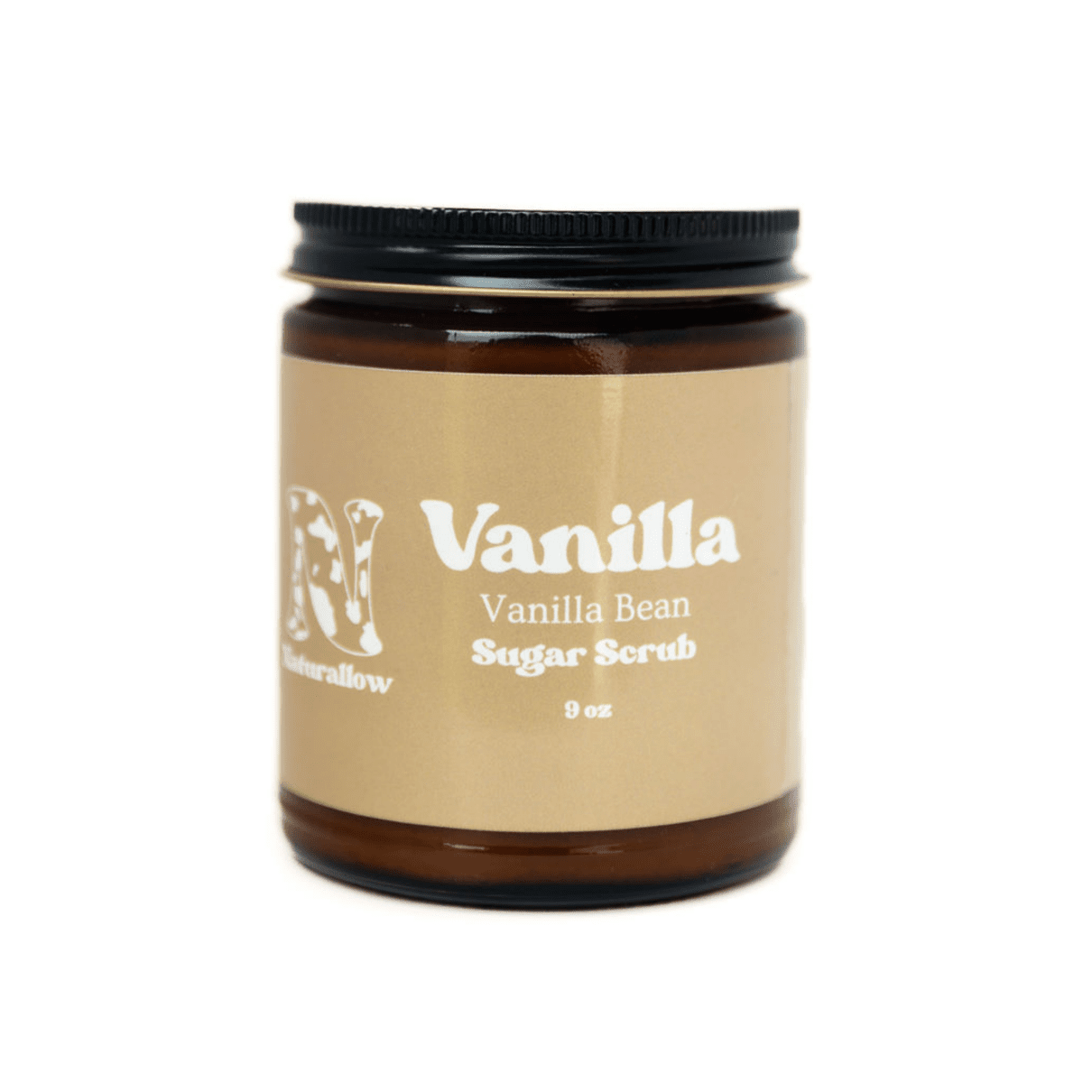 A Jar of Naturallow's Vanilla Sugar Scrub against a white background