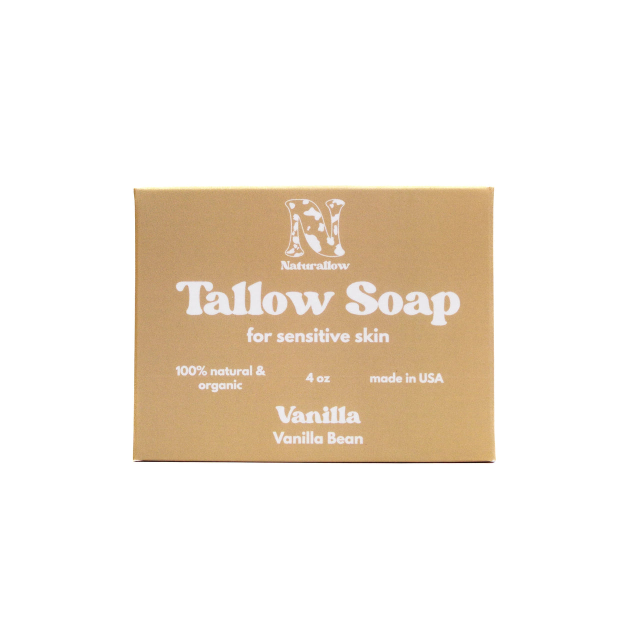 A rectangular tan box of Naturallow Tallow Soap, Vanilla Bean, on a solid white background.