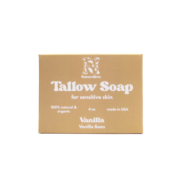 A rectangular tan box of Naturallow Tallow Soap, Vanilla Bean, on a solid white background.